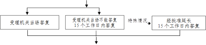 受理机关当场不能答复
      15个工作日内答复
      ,特殊情况,受理机关当场答复,经批准延长
      15个工作日内答复
      